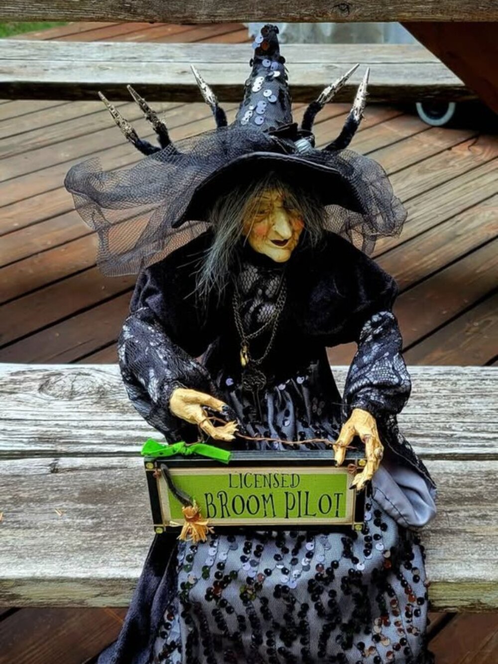 Halloween Witch Shelf-Sitter Doll Holding A "Licensed Broom Pilot" Sign